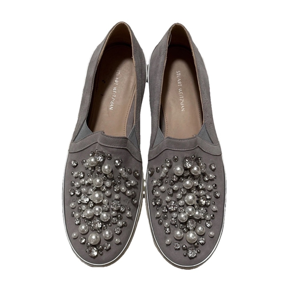 Stuart Weitzman Pearl Embellished Gray Loafers 7.5.    Missing a bead
